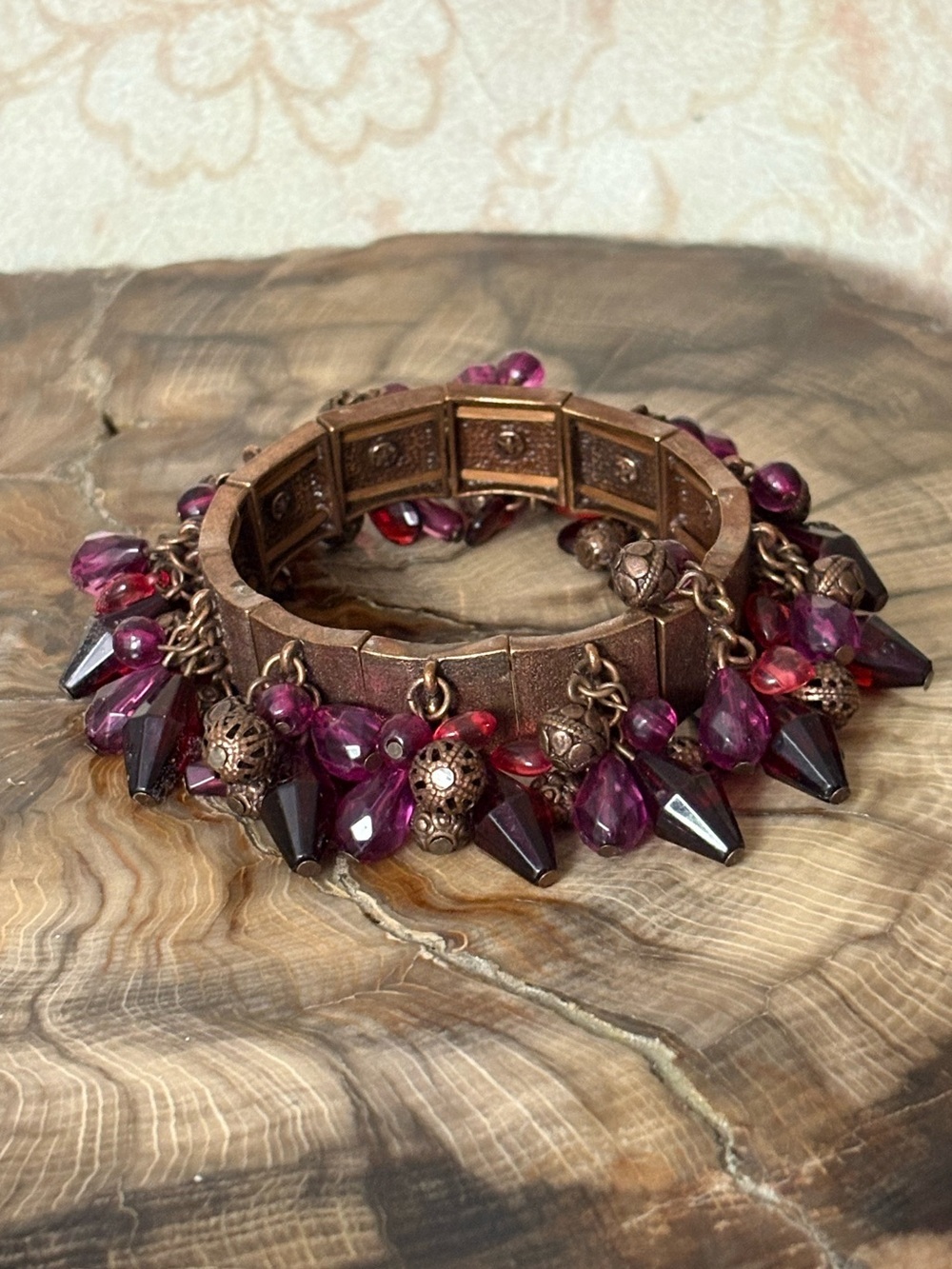 Vintage-Inspired Copper Purple Beaded Stretch Bracelet